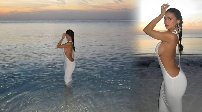 Kylie Jenner Braless on Beach Dress 1