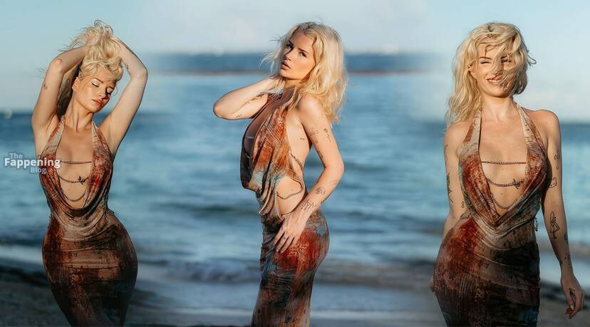 Lottie Moss Braless on Beach 1